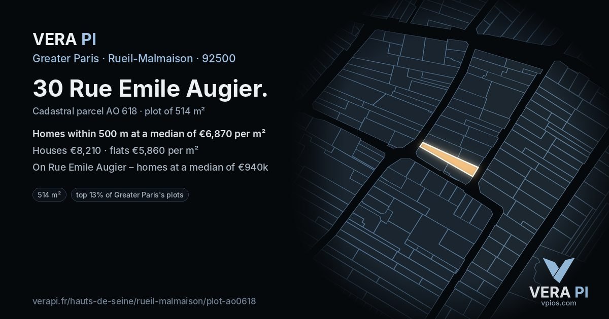 30 Rue Emile Augier, Rueil-Malmaison at night – the plot lit, the parcels around coloured by the prices near them
