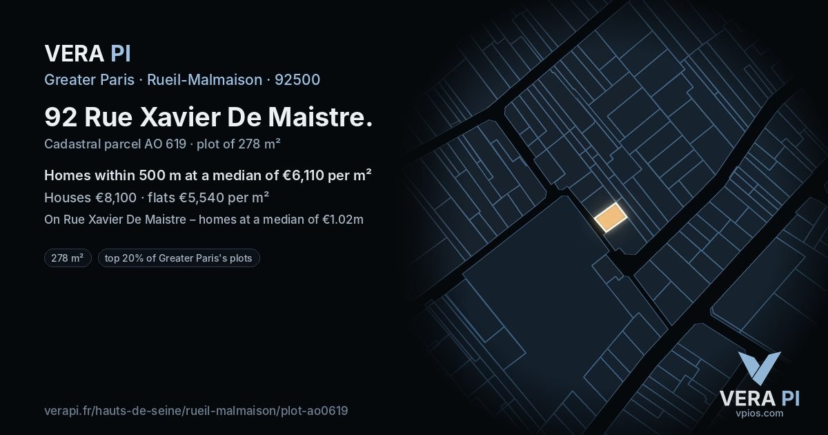 92 Rue Xavier De Maistre, Rueil-Malmaison at night – the plot lit, the parcels around coloured by the prices near them