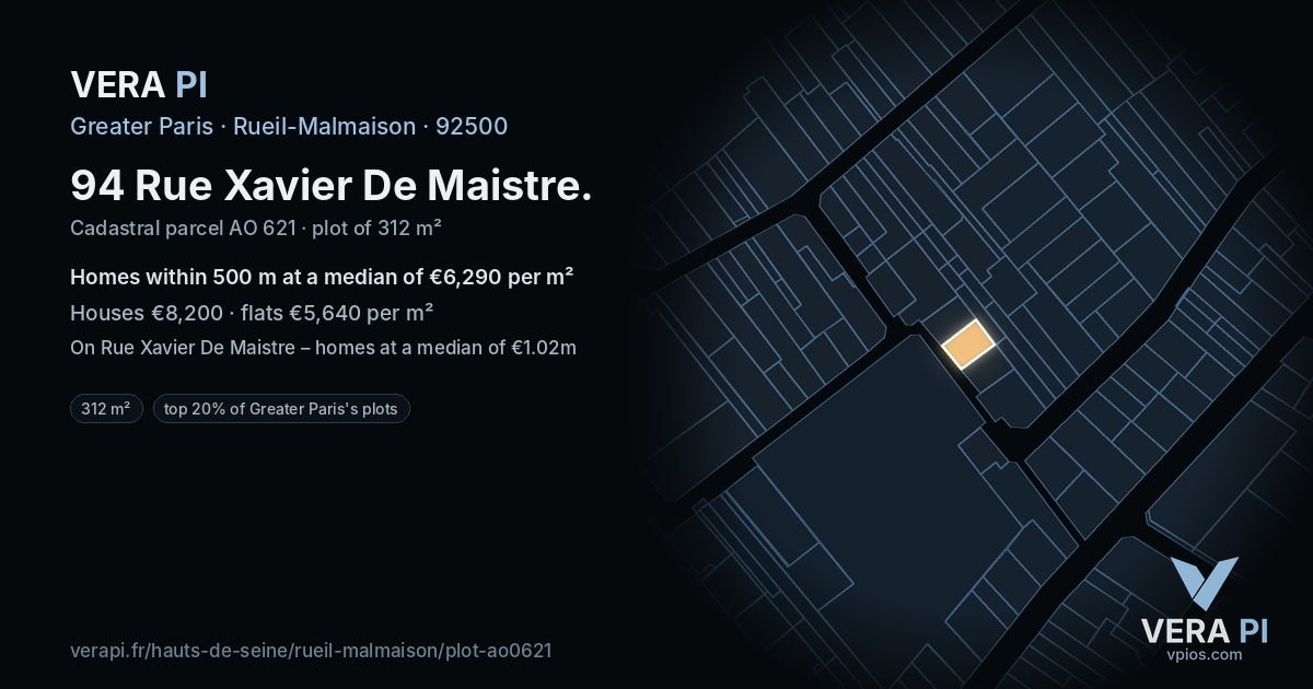 94 Rue Xavier De Maistre, Rueil-Malmaison at night – the plot lit, the parcels around coloured by the prices near them