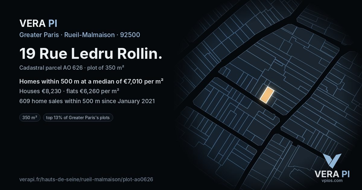 19 Rue Ledru Rollin, Rueil-Malmaison at night – the plot lit, the parcels around coloured by the prices near them