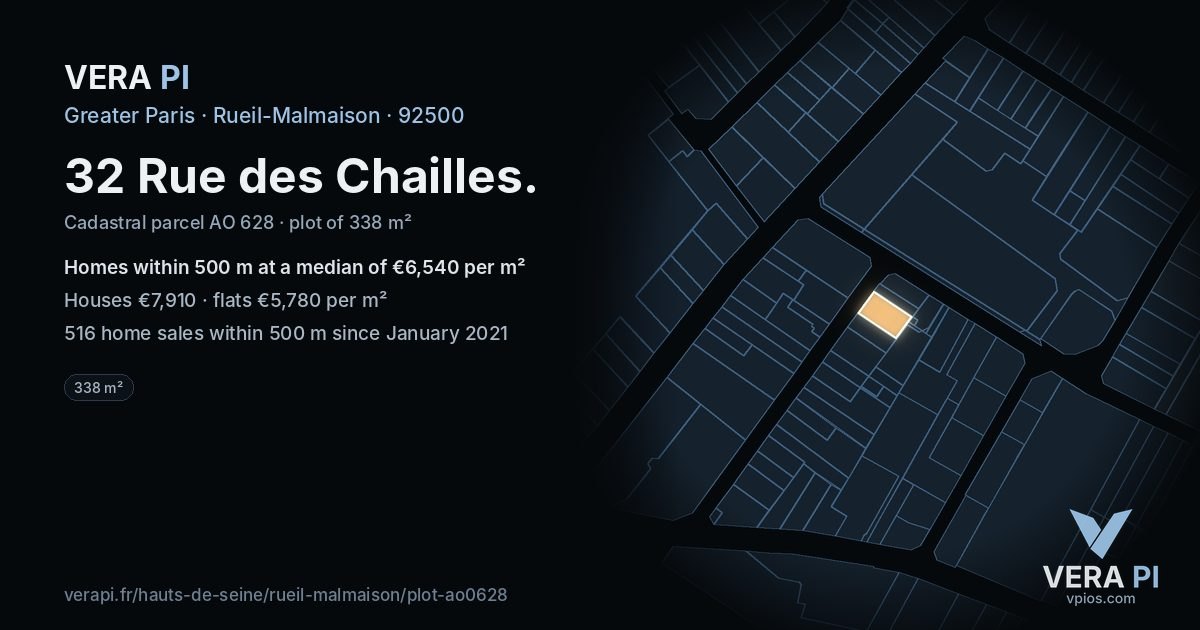 32 Rue des Chailles, Rueil-Malmaison at night – the plot lit, the parcels around coloured by the prices near them