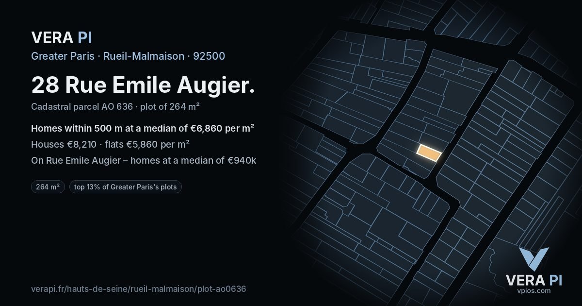 28 Rue Emile Augier, Rueil-Malmaison at night – the plot lit, the parcels around coloured by the prices near them