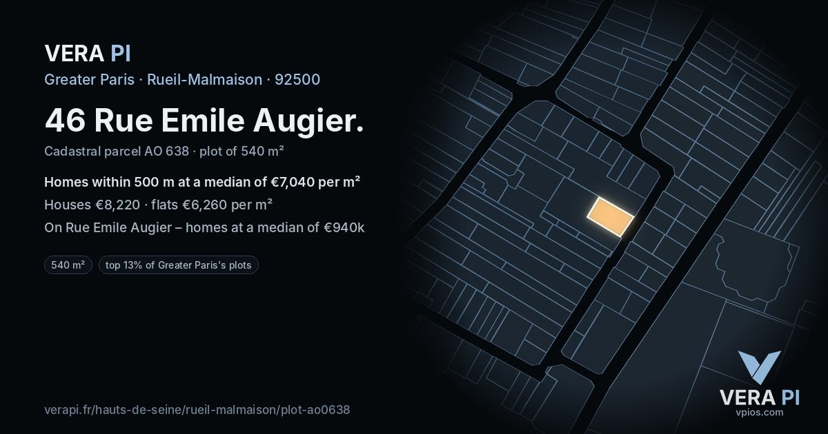 46 Rue Emile Augier, Rueil-Malmaison at night – the plot lit, the parcels around coloured by the prices near them