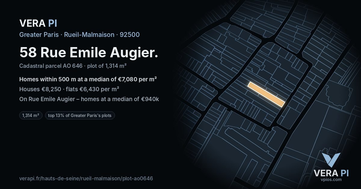 58 Rue Emile Augier, Rueil-Malmaison at night – the plot lit, the parcels around coloured by the prices near them