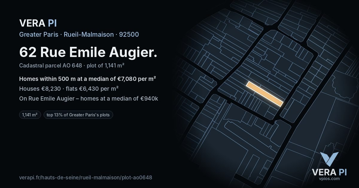 62 Rue Emile Augier, Rueil-Malmaison at night – the plot lit, the parcels around coloured by the prices near them