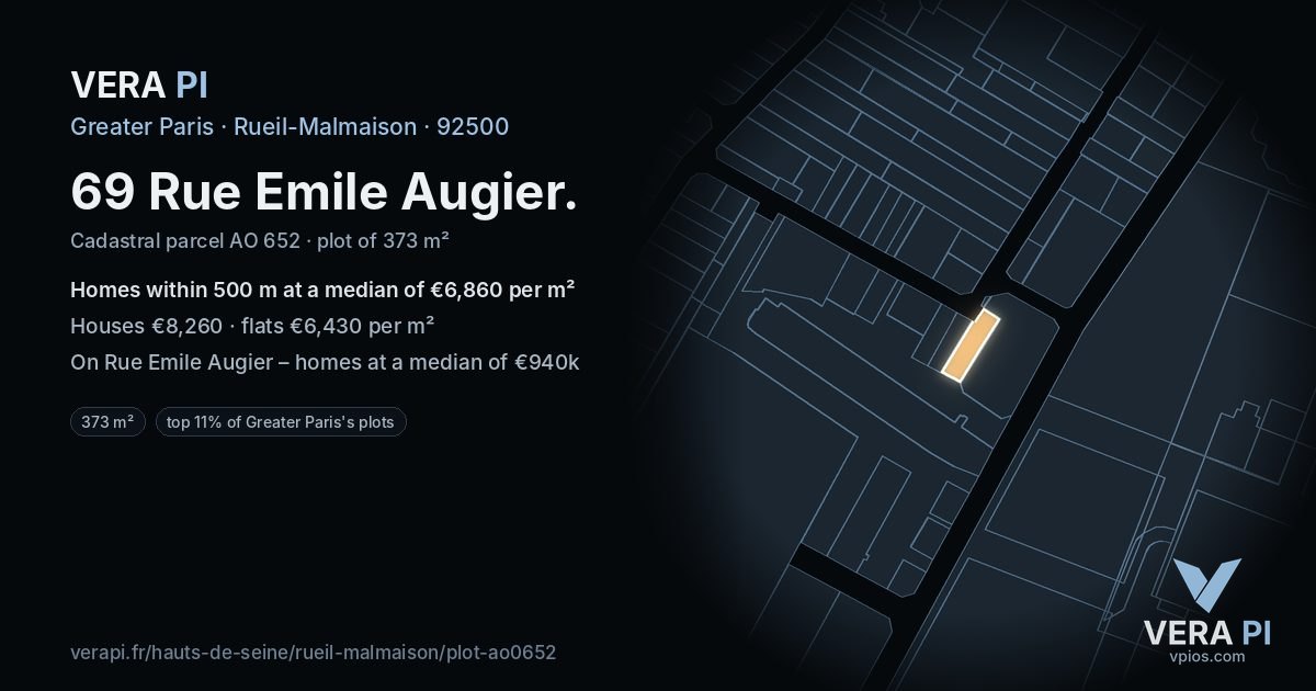 69 Rue Emile Augier, Rueil-Malmaison at night – the plot lit, the parcels around coloured by the prices near them