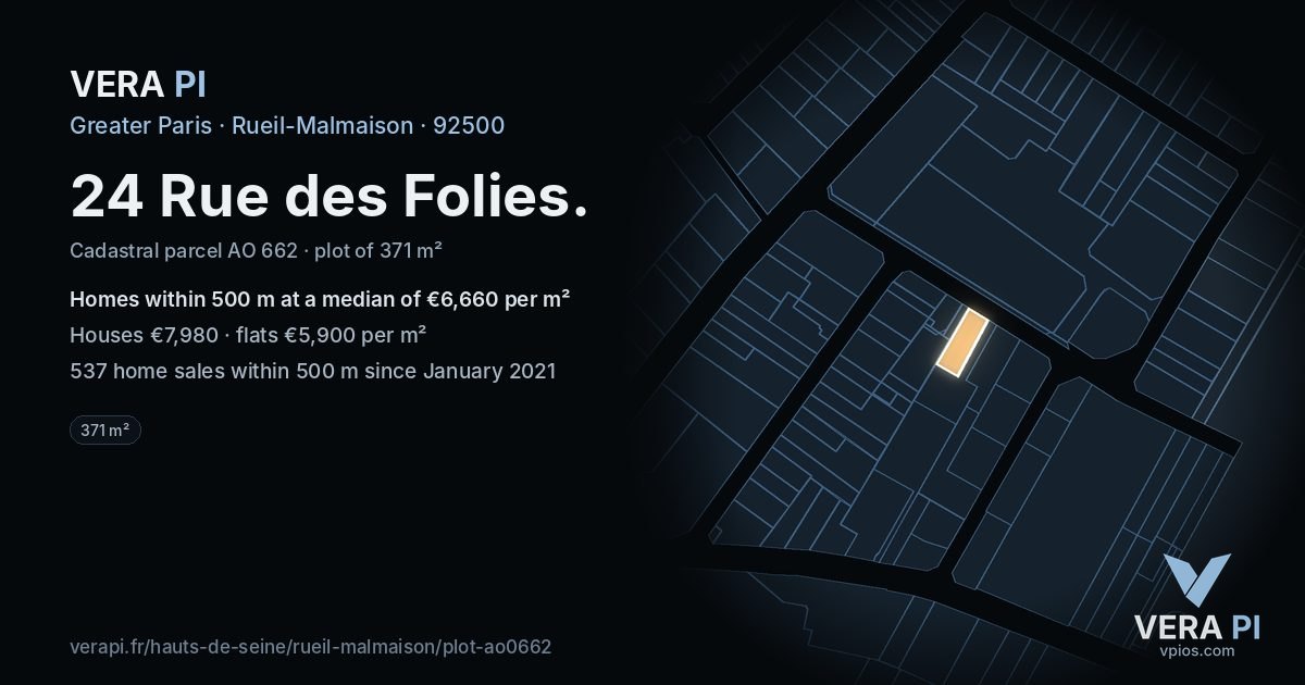 24 Rue des Folies, Rueil-Malmaison at night – the plot lit, the parcels around coloured by the prices near them