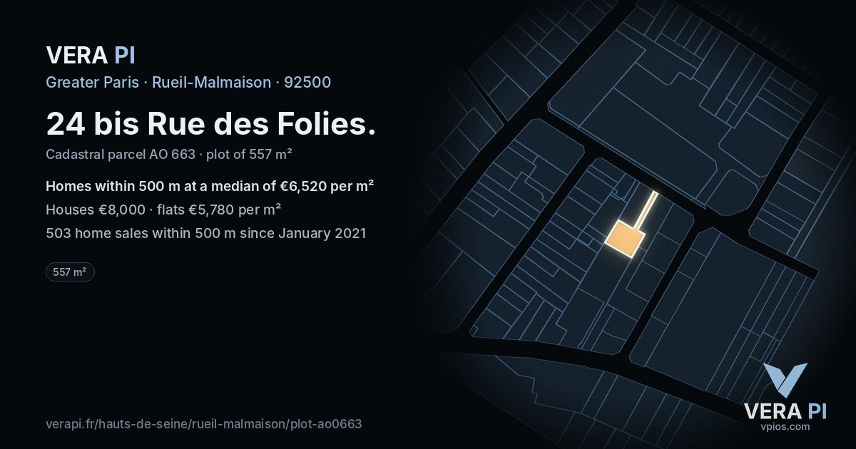 24 bis Rue des Folies, Rueil-Malmaison at night – the plot lit, the parcels around coloured by the prices near them