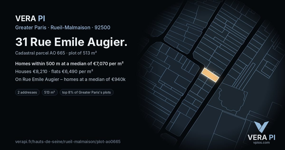 31 Rue Emile Augier, Rueil-Malmaison at night – the plot lit, the parcels around coloured by the prices near them