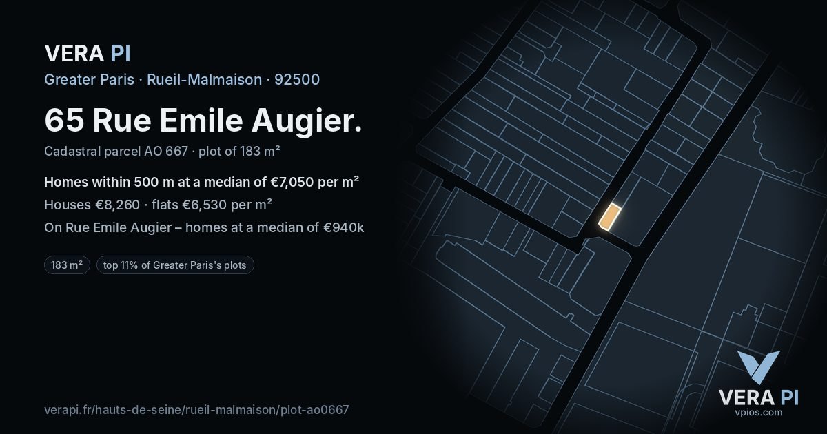 65 Rue Emile Augier, Rueil-Malmaison at night – the plot lit, the parcels around coloured by the prices near them