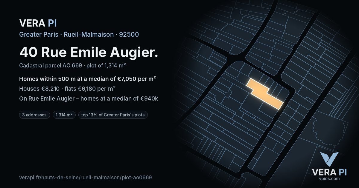 40 Rue Emile Augier, Rueil-Malmaison at night – the plot lit, the parcels around coloured by the prices near them