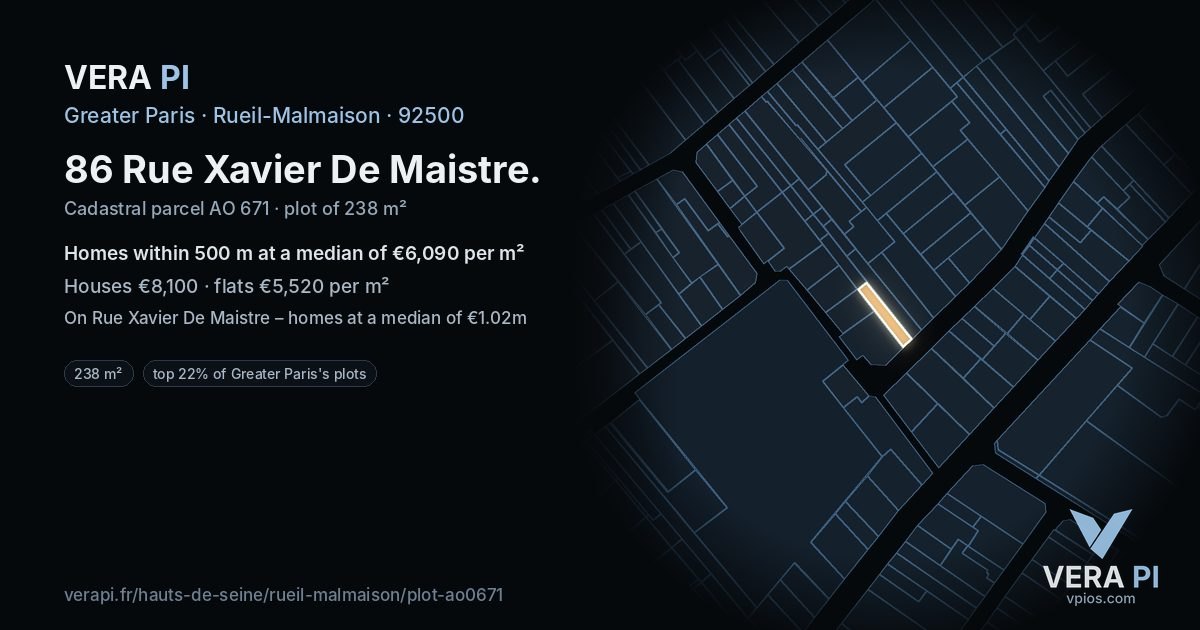 86 Rue Xavier De Maistre, Rueil-Malmaison at night – the plot lit, the parcels around coloured by the prices near them