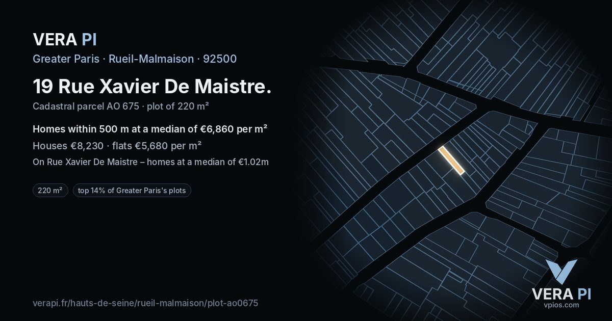 19 Rue Xavier De Maistre, Rueil-Malmaison at night – the plot lit, the parcels around coloured by the prices near them