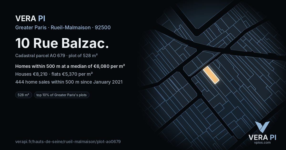 10 Rue Balzac, Rueil-Malmaison at night – the plot lit, the parcels around coloured by the prices near them