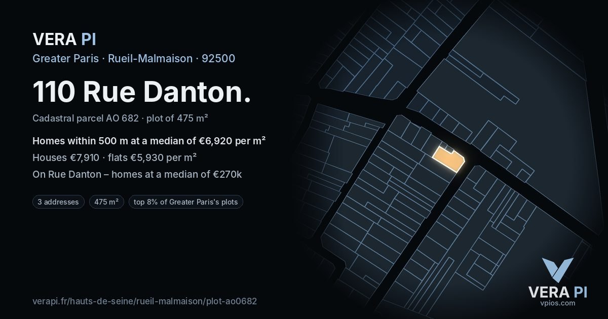 110 Rue Danton, Rueil-Malmaison at night – the plot lit, the parcels around coloured by the prices near them