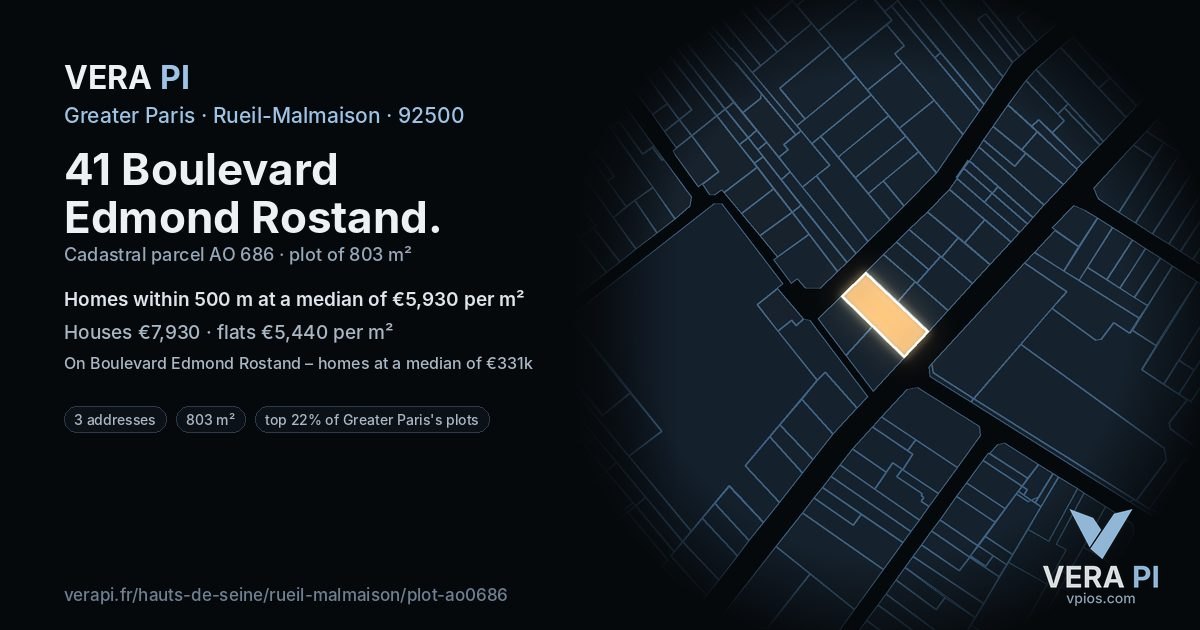 41 Boulevard Edmond Rostand, Rueil-Malmaison at night – the plot lit, the parcels around coloured by the prices near them