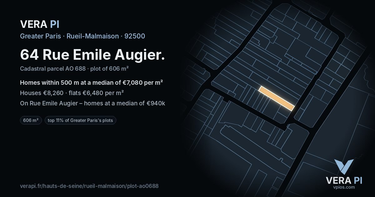 64 Rue Emile Augier, Rueil-Malmaison at night – the plot lit, the parcels around coloured by the prices near them