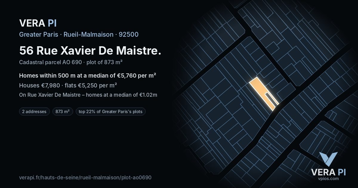 56 Rue Xavier De Maistre, Rueil-Malmaison at night – the plot lit, the parcels around coloured by the prices near them