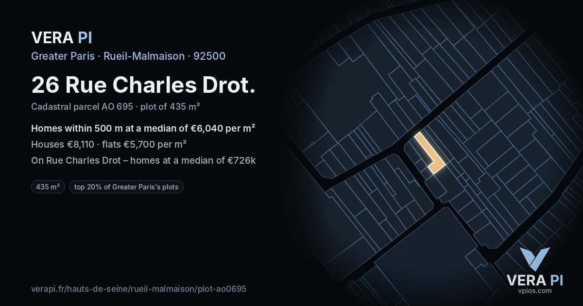 26 Rue Charles Drot, Rueil-Malmaison at night – the plot lit, the parcels around coloured by the prices near them