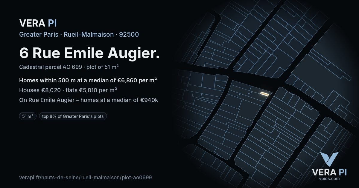 6 Rue Emile Augier, Rueil-Malmaison at night – the plot lit, the parcels around coloured by the prices near them