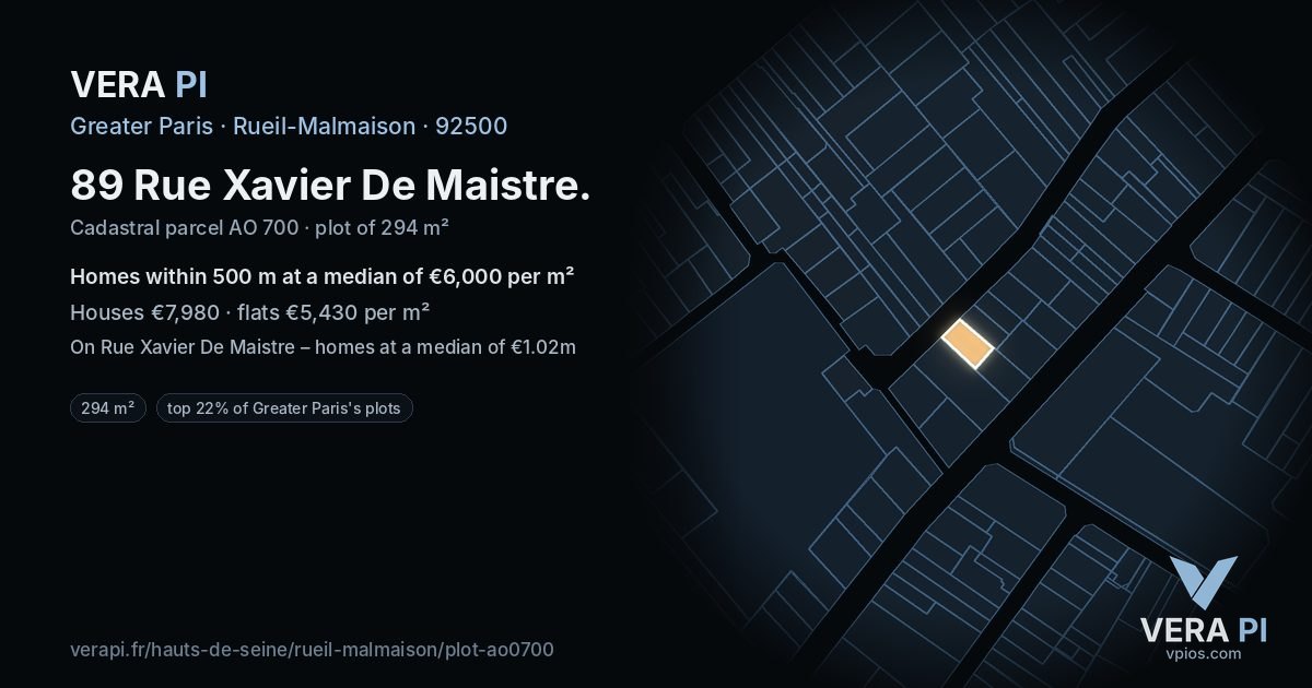 89 Rue Xavier De Maistre, Rueil-Malmaison at night – the plot lit, the parcels around coloured by the prices near them