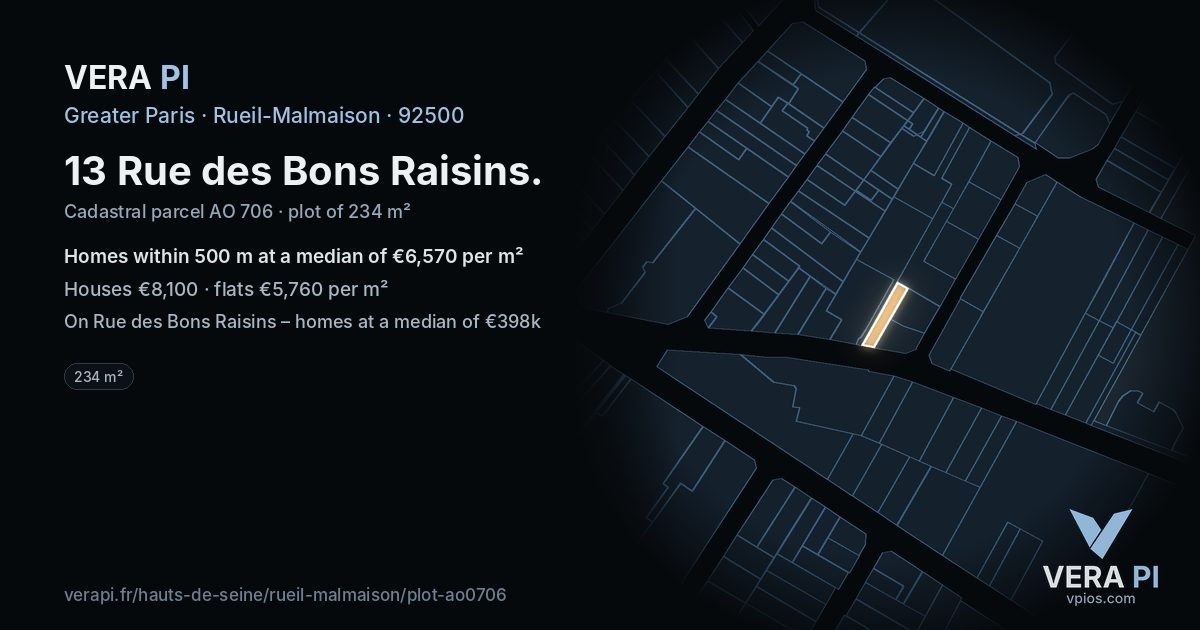 13 Rue des Bons Raisins, Rueil-Malmaison at night – the plot lit, the parcels around coloured by the prices near them