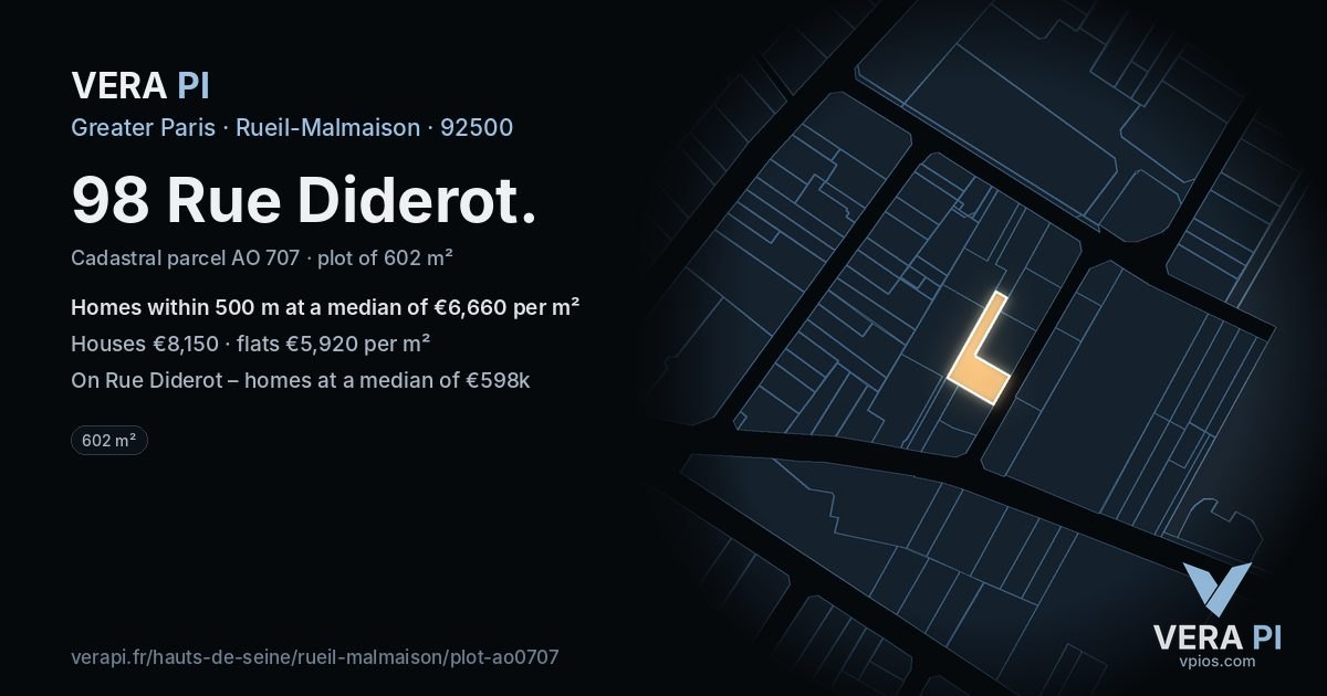 98 Rue Diderot, Rueil-Malmaison at night – the plot lit, the parcels around coloured by the prices near them