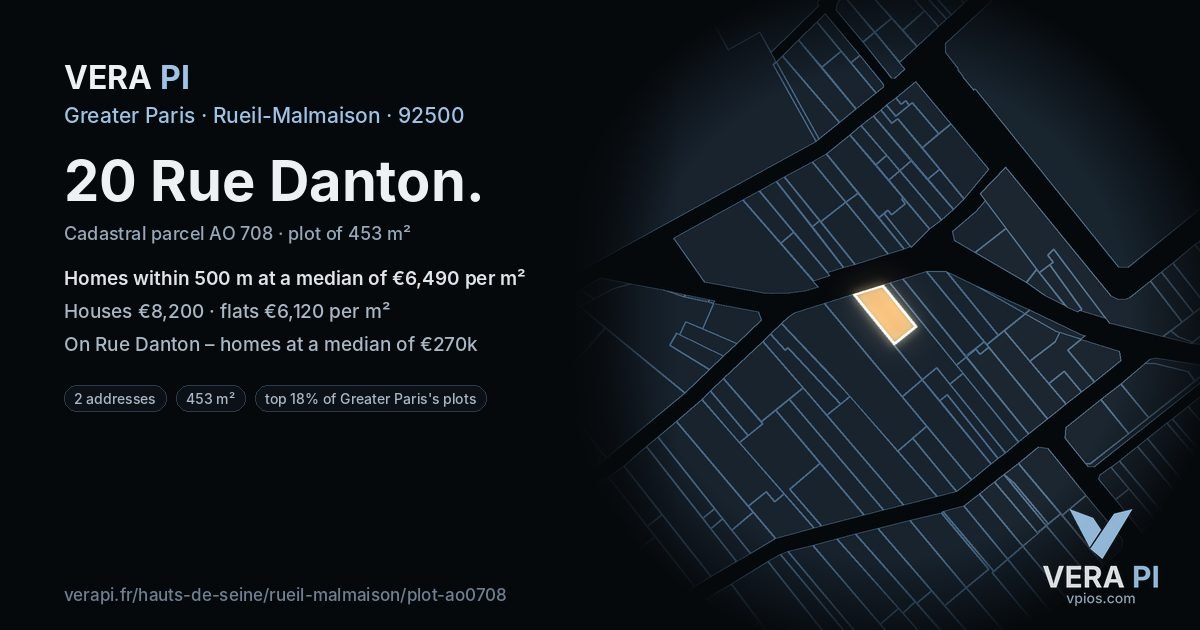 20 Rue Danton, Rueil-Malmaison at night – the plot lit, the parcels around coloured by the prices near them