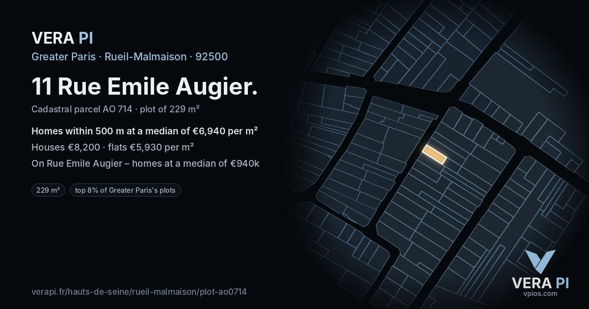 11 Rue Emile Augier, Rueil-Malmaison at night – the plot lit, the parcels around coloured by the prices near them