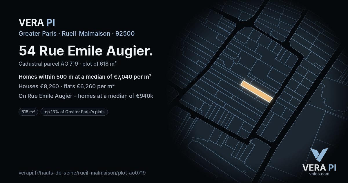 54 Rue Emile Augier, Rueil-Malmaison at night – the plot lit, the parcels around coloured by the prices near them