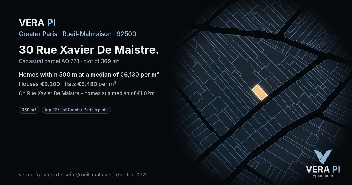 30 Rue Xavier De Maistre, Rueil-Malmaison at night – the plot lit, the parcels around coloured by the prices near them