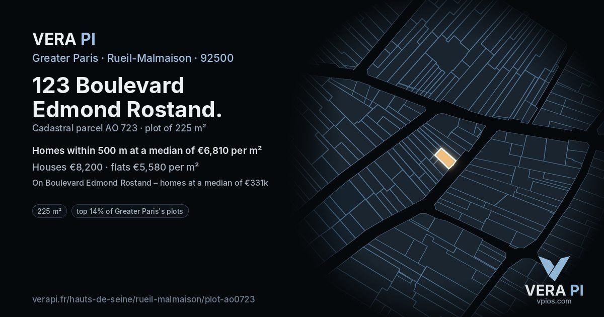 123 Boulevard Edmond Rostand, Rueil-Malmaison at night – the plot lit, the parcels around coloured by the prices near them