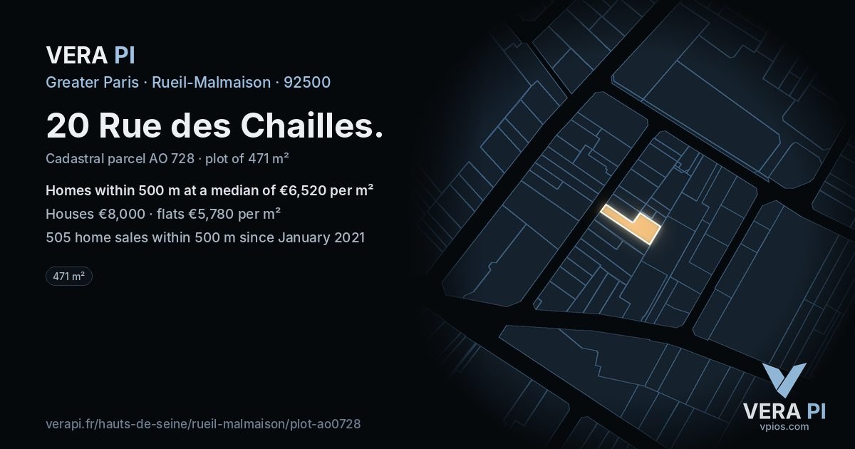 20 Rue des Chailles, Rueil-Malmaison at night – the plot lit, the parcels around coloured by the prices near them