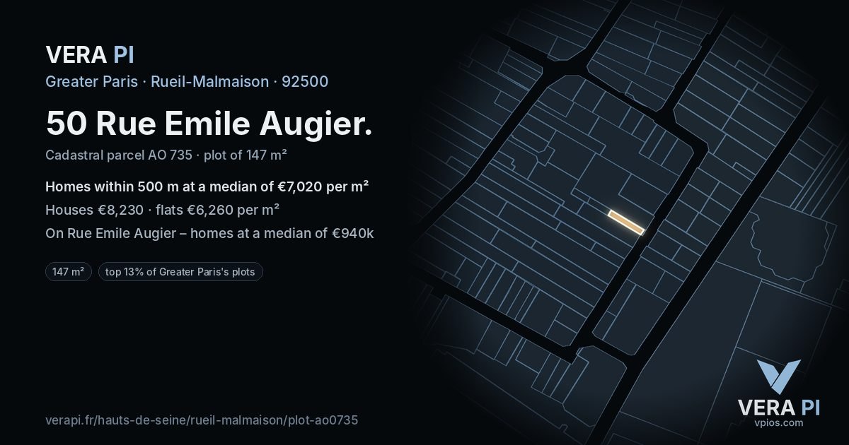 50 Rue Emile Augier, Rueil-Malmaison at night – the plot lit, the parcels around coloured by the prices near them
