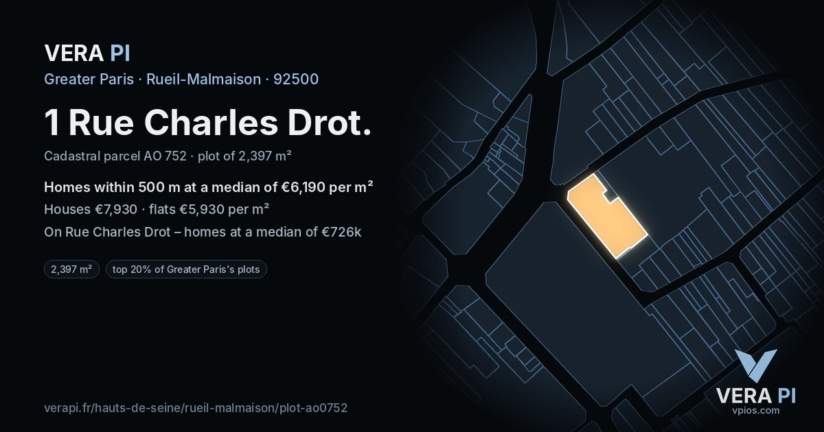 1 Rue Charles Drot, Rueil-Malmaison at night – the plot lit, the parcels around coloured by the prices near them