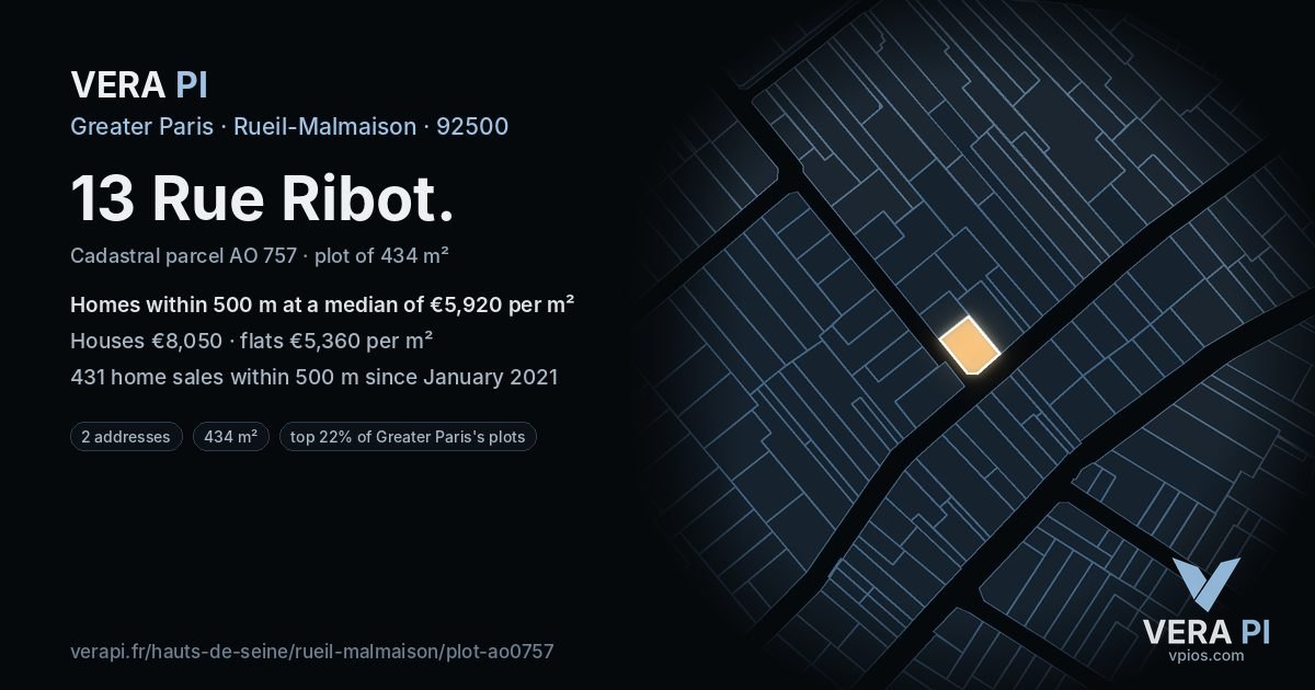 13 Rue Ribot, Rueil-Malmaison at night – the plot lit, the parcels around coloured by the prices near them
