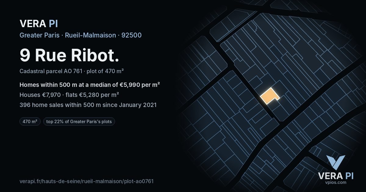 9 Rue Ribot, Rueil-Malmaison at night – the plot lit, the parcels around coloured by the prices near them