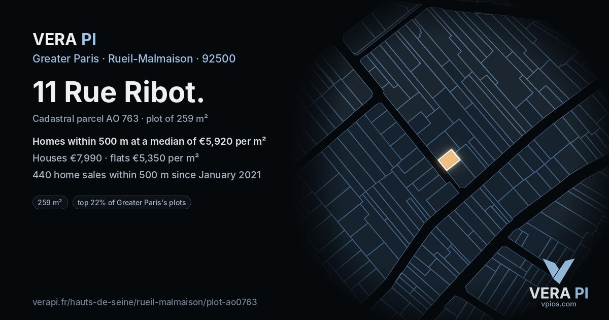11 Rue Ribot, Rueil-Malmaison at night – the plot lit, the parcels around coloured by the prices near them