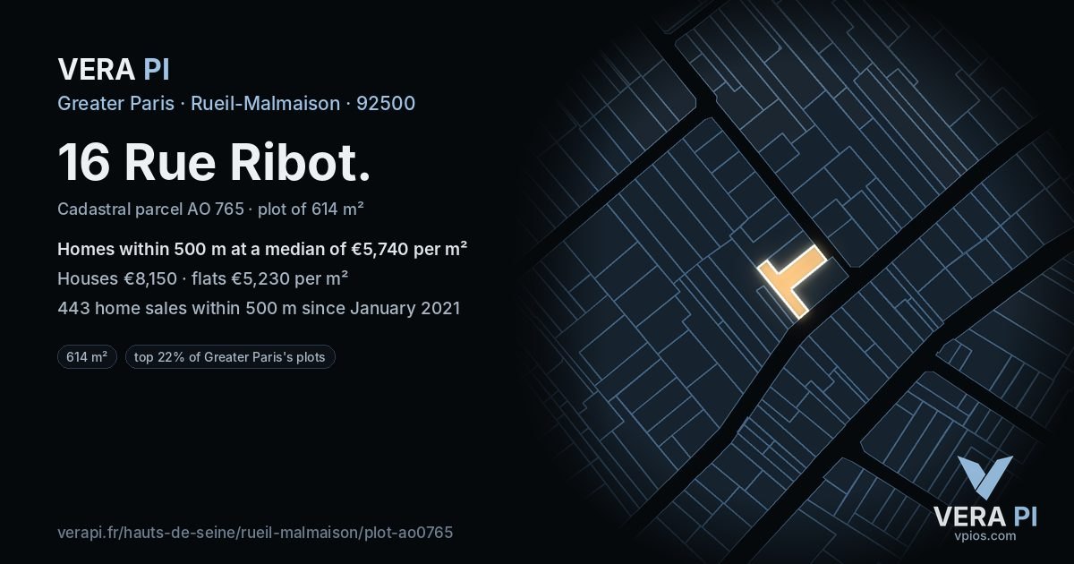 16 Rue Ribot, Rueil-Malmaison at night – the plot lit, the parcels around coloured by the prices near them