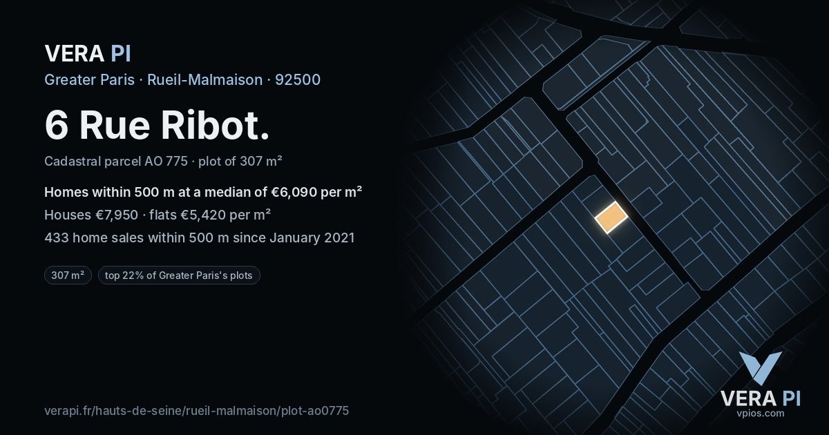 6 Rue Ribot, Rueil-Malmaison at night – the plot lit, the parcels around coloured by the prices near them