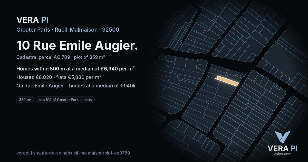 10 Rue Emile Augier, Rueil-Malmaison at night – the plot lit, the parcels around coloured by the prices near them