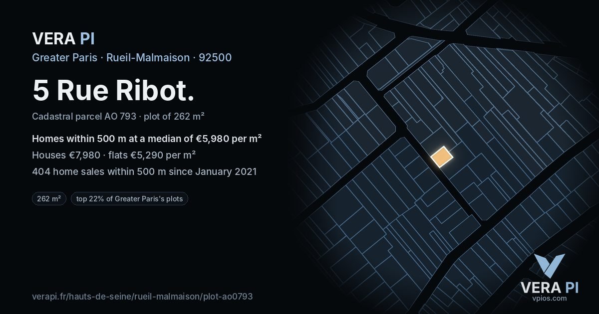 5 Rue Ribot, Rueil-Malmaison at night – the plot lit, the parcels around coloured by the prices near them
