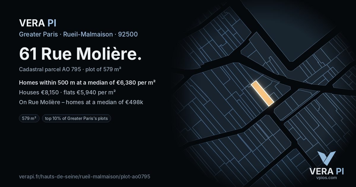 61 Rue Molière, Rueil-Malmaison at night – the plot lit, the parcels around coloured by the prices near them