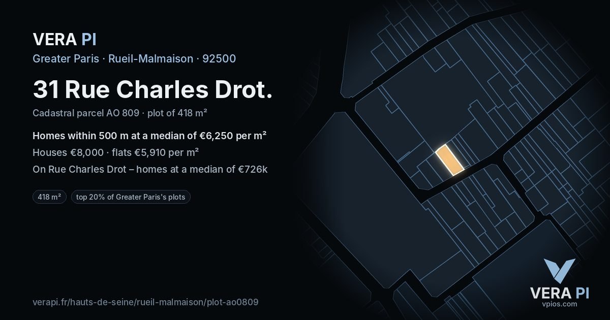 31 Rue Charles Drot, Rueil-Malmaison at night – the plot lit, the parcels around coloured by the prices near them