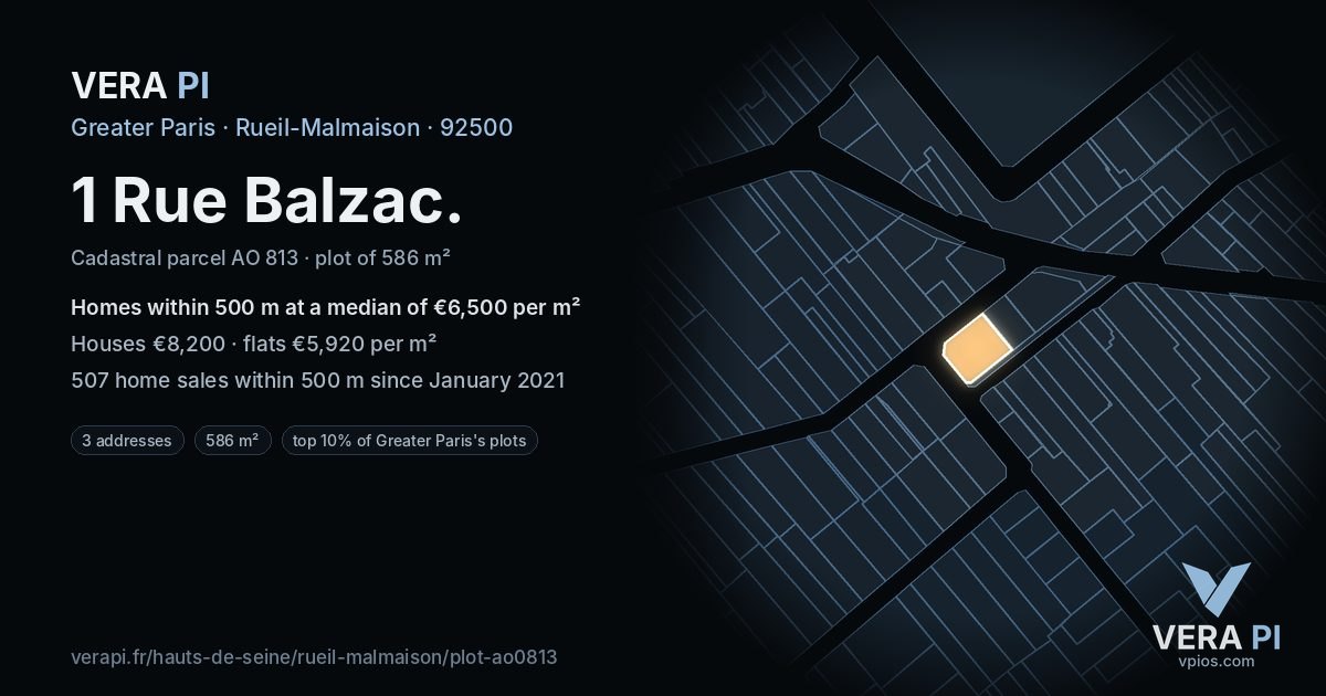 1 Rue Balzac, Rueil-Malmaison at night – the plot lit, the parcels around coloured by the prices near them