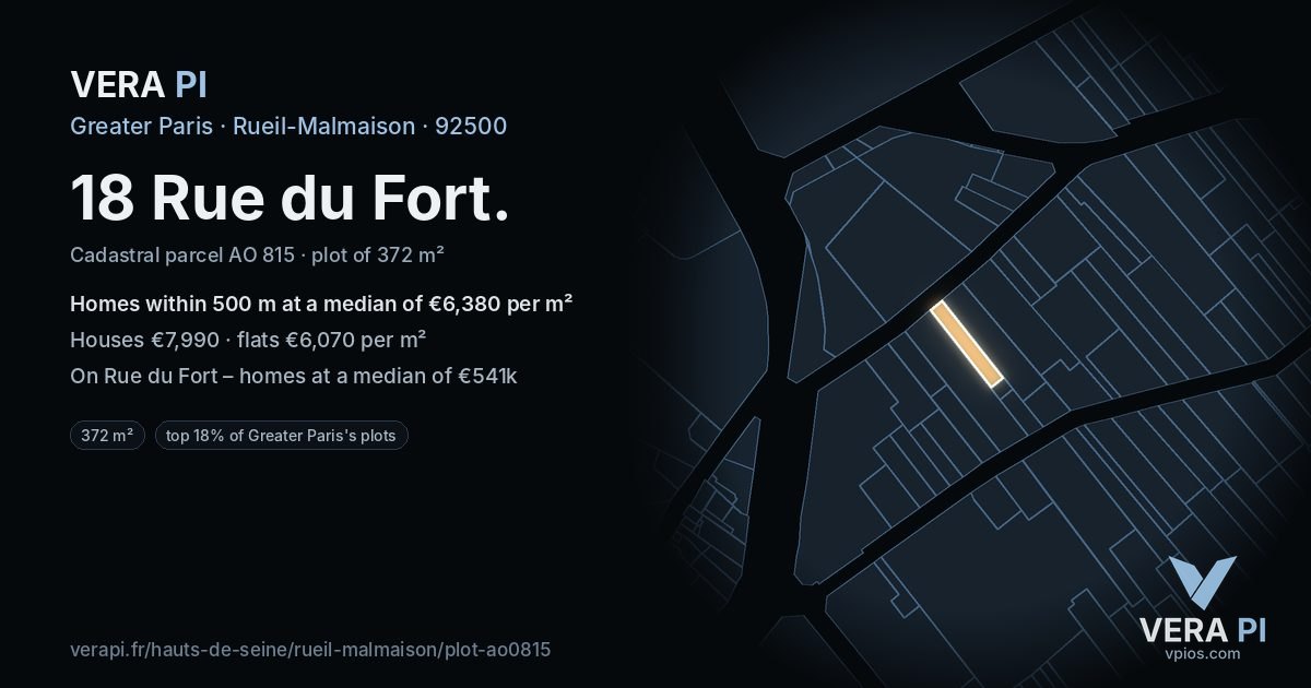 18 Rue du Fort, Rueil-Malmaison at night – the plot lit, the parcels around coloured by the prices near them