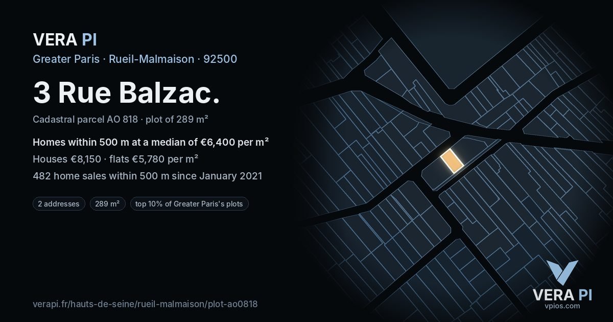 3 Rue Balzac, Rueil-Malmaison at night – the plot lit, the parcels around coloured by the prices near them