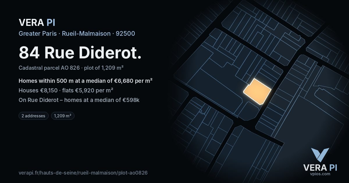 84 Rue Diderot, Rueil-Malmaison at night – the plot lit, the parcels around coloured by the prices near them