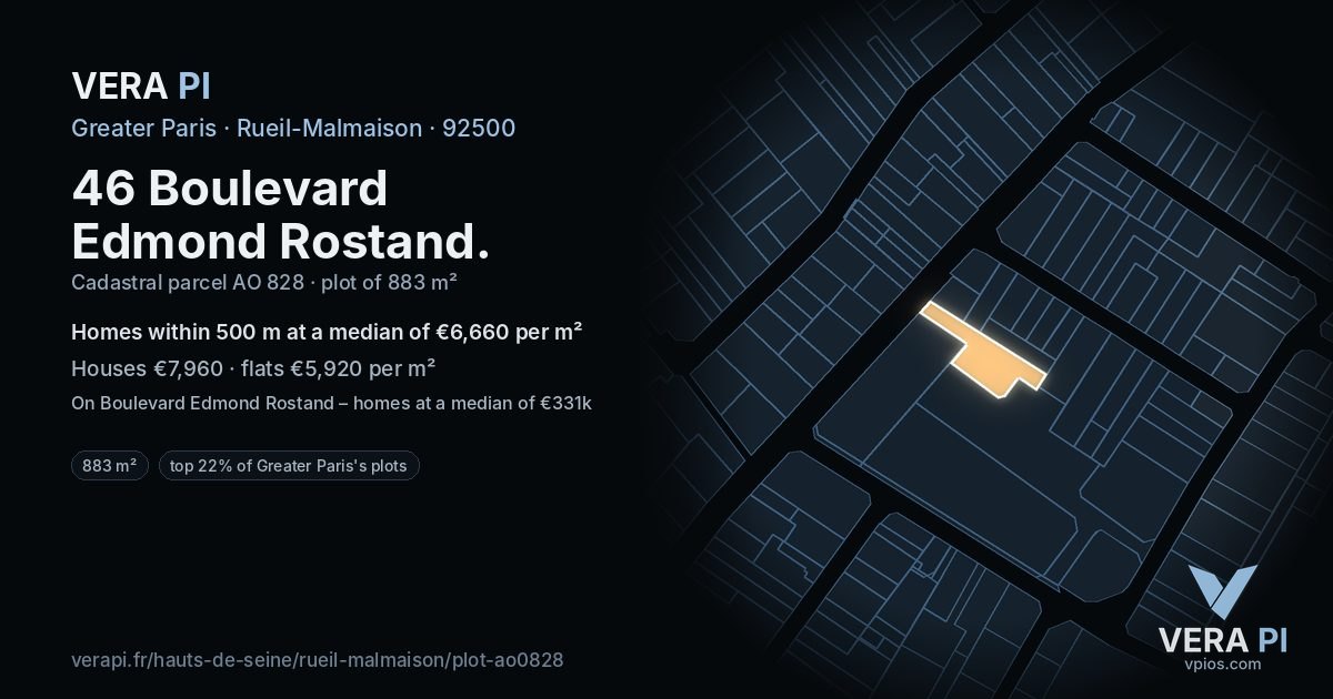 46 Boulevard Edmond Rostand, Rueil-Malmaison at night – the plot lit, the parcels around coloured by the prices near them