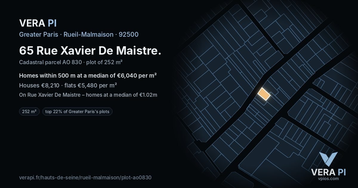 65 Rue Xavier De Maistre, Rueil-Malmaison at night – the plot lit, the parcels around coloured by the prices near them